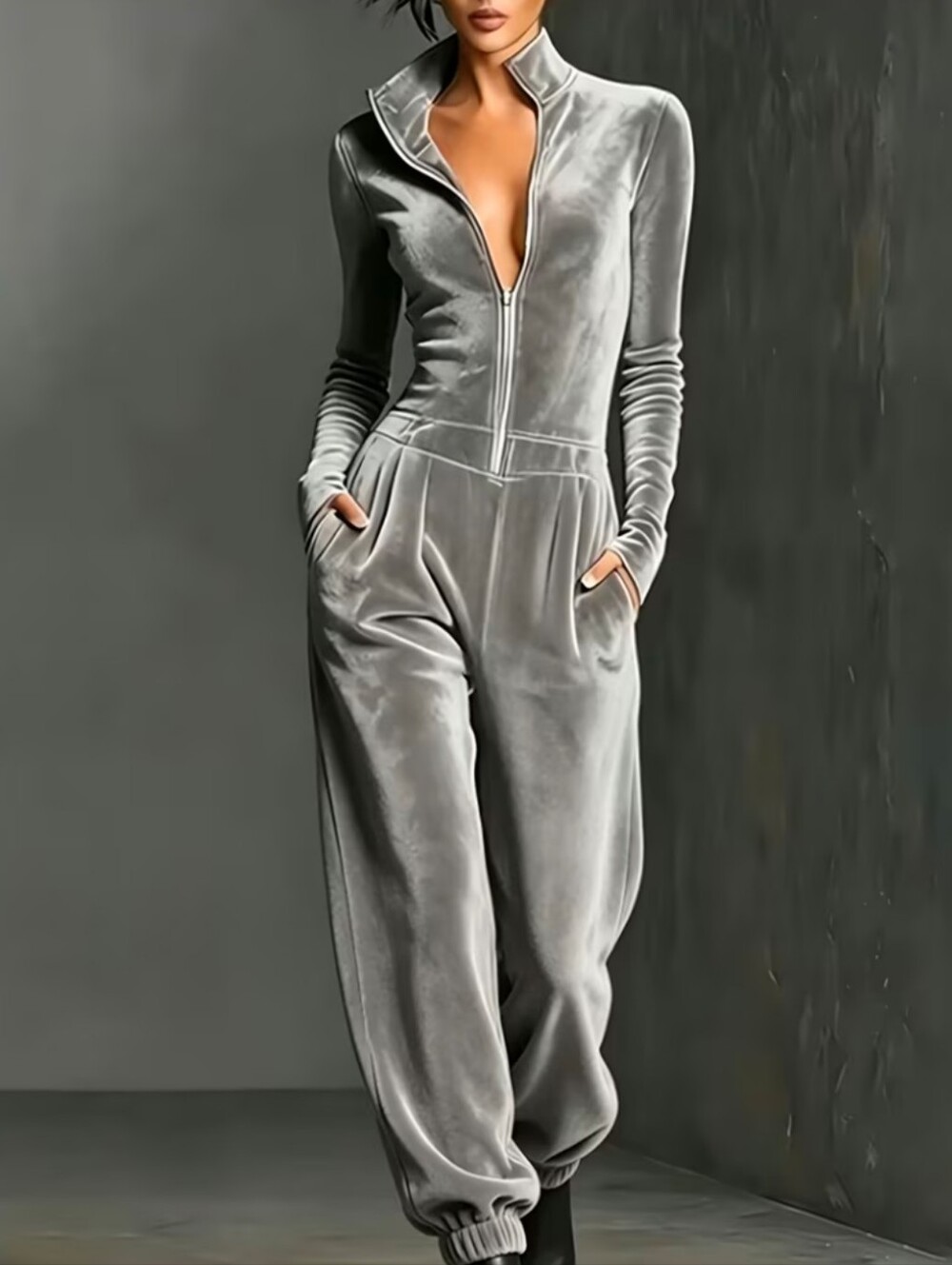 Gray Velvet Zip-Front Jumpsuit